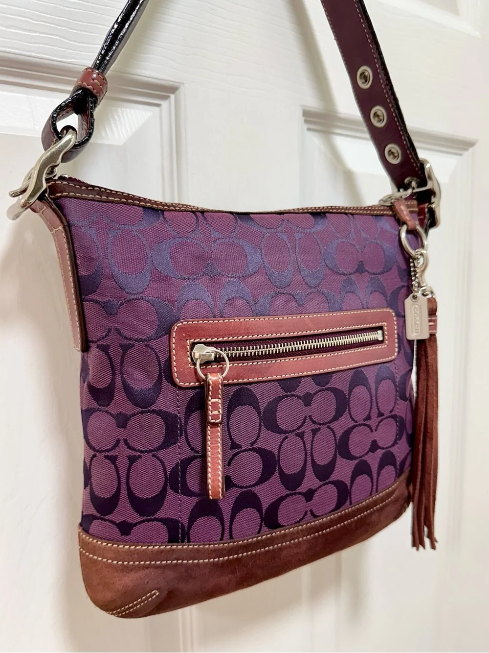 Coach Signature Jacquard‎ Suede Tassel Shoulder Crossbody Bag Plum Purple Y2K